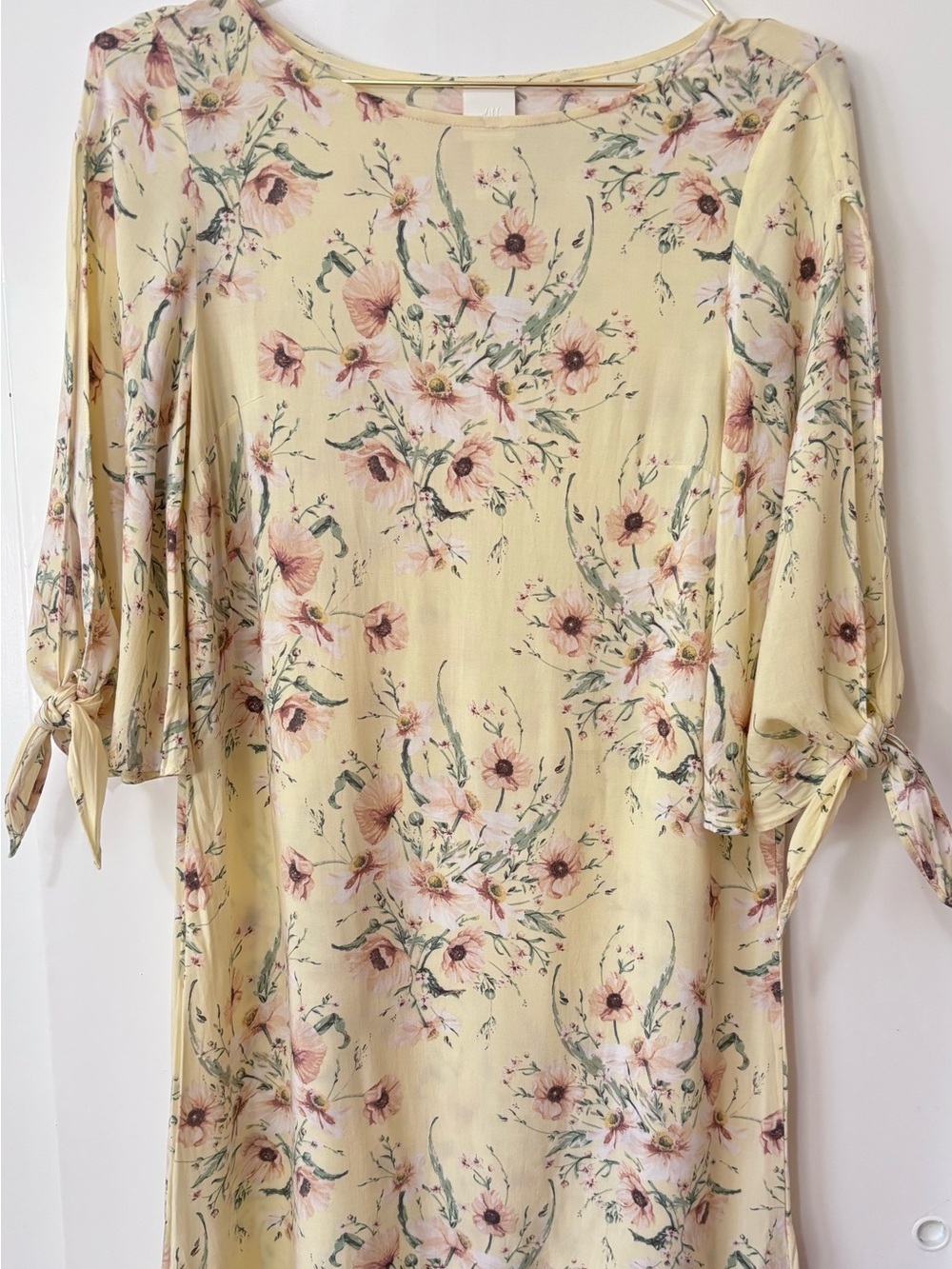 H&M| Boho Light Yellow Floral Tie-Sleeve Midi Dress Sz 2